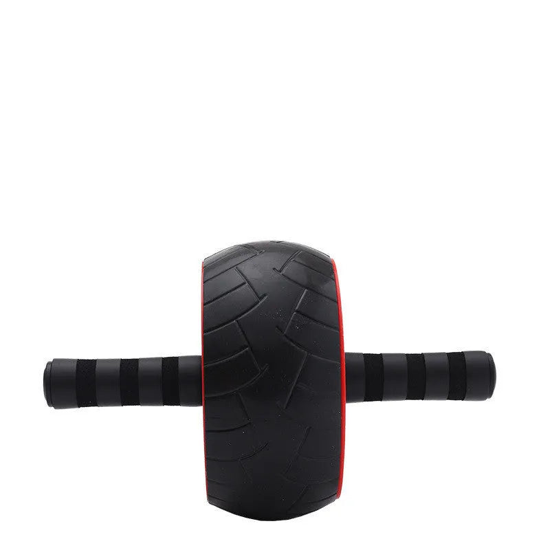 Black and red single-wheel abdominal muscle roller on a home exercise mat with dimensions 9x18x32.5 cm