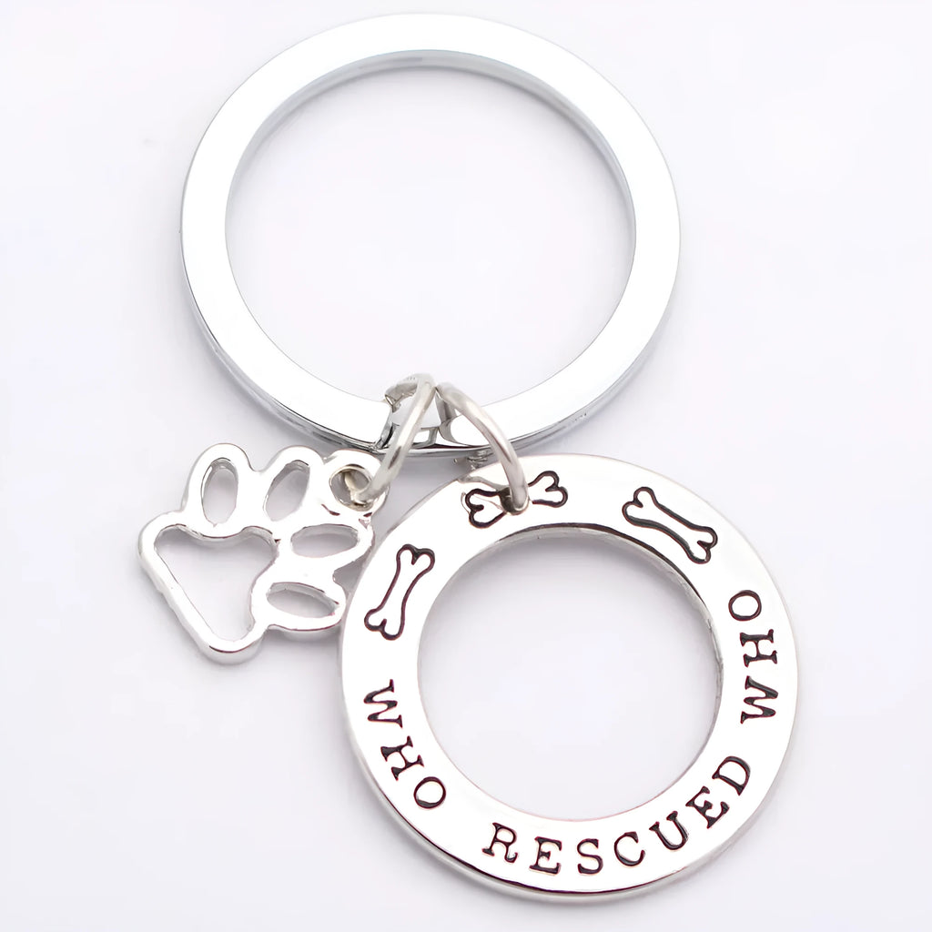 Who Rescued Who dog lover alloy keyring in white electroplated finish
