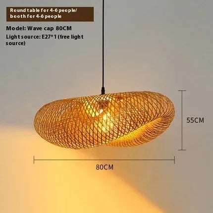Natural bamboo straw hat shaped pendant ceiling light with woven rattan shade.