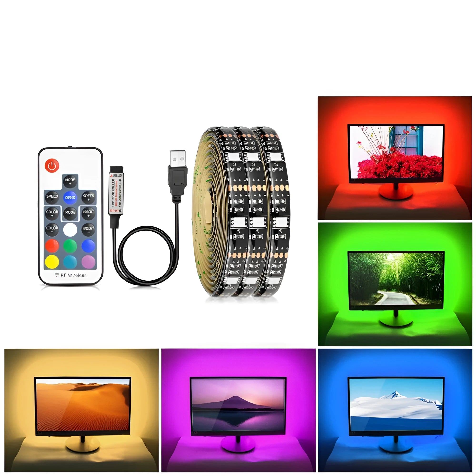 LED decorative strip lights with 30 beads per metre showing flexible design and adhesive backing
