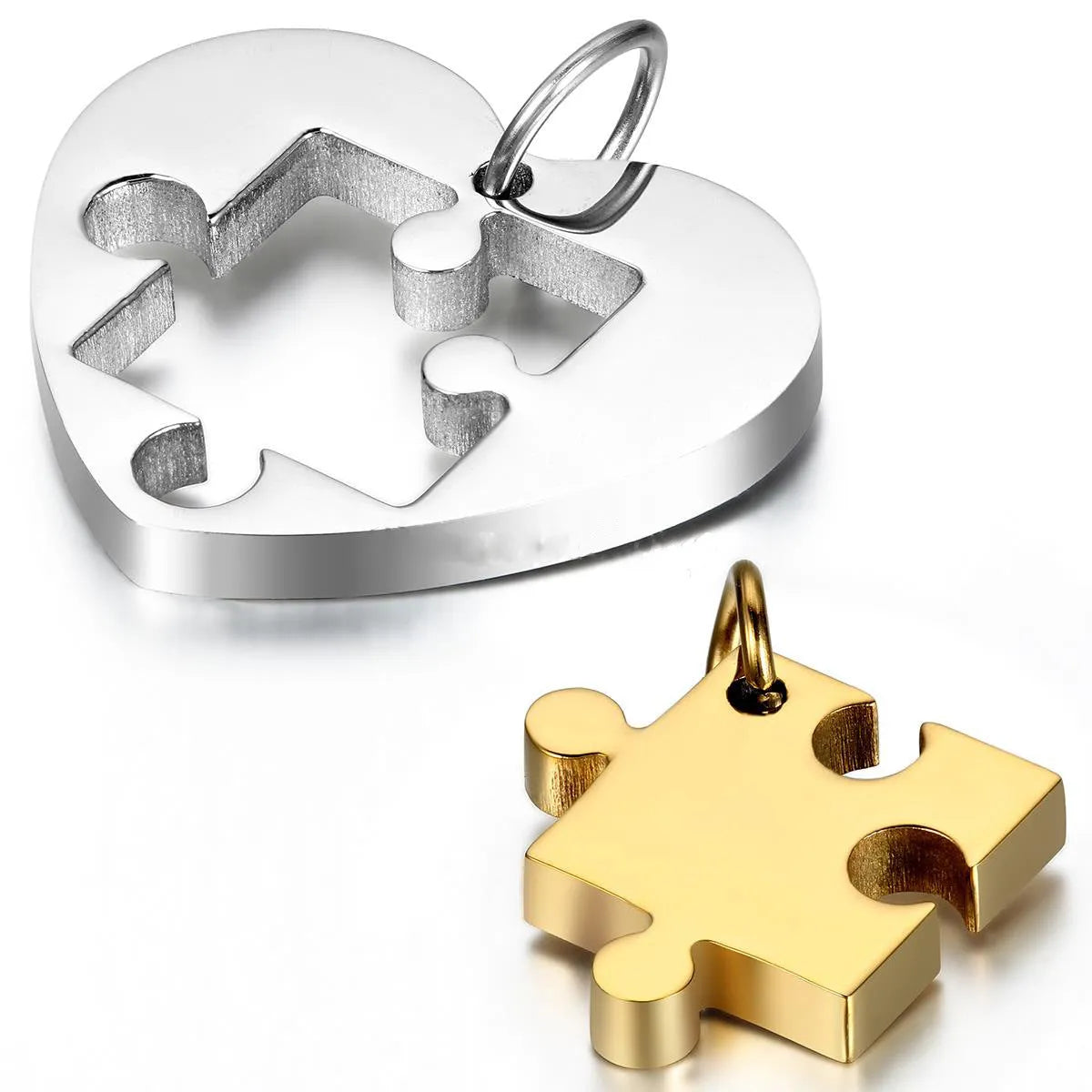 Stainless steel love pendant necklace couple puzzle heart 52mm in silver colour gloss finish