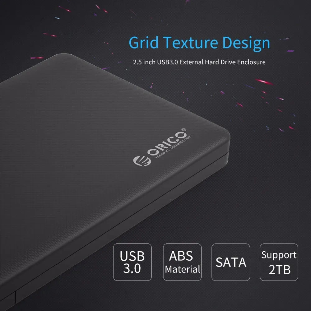 ORICO 2577U3 black ABS 2.5 inch SATA hard drive enclosure with USB 3.0 Micro B and SATA 3.0, 126.5 x 80 x 15mm
