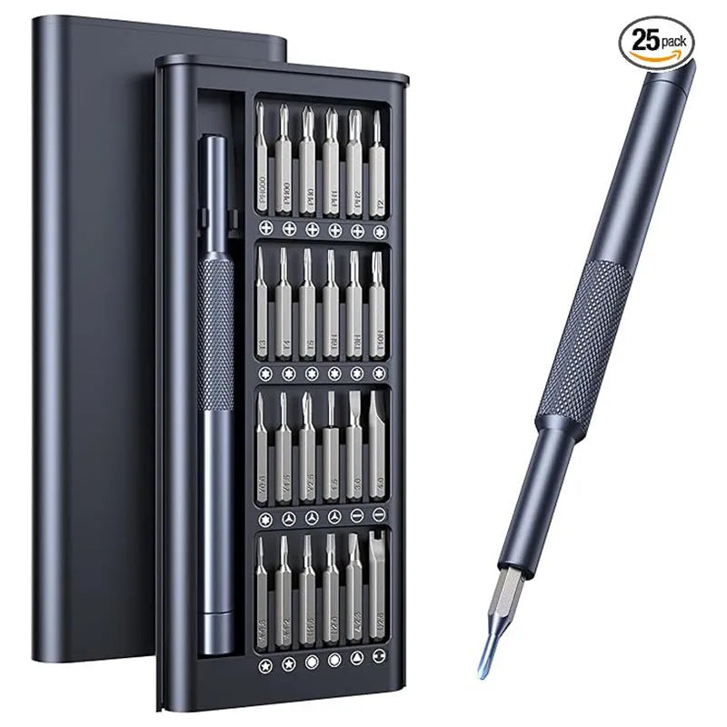 25-in-1 magnetic screwdriver set with chrome vanadium steel bits and black ABS handle.