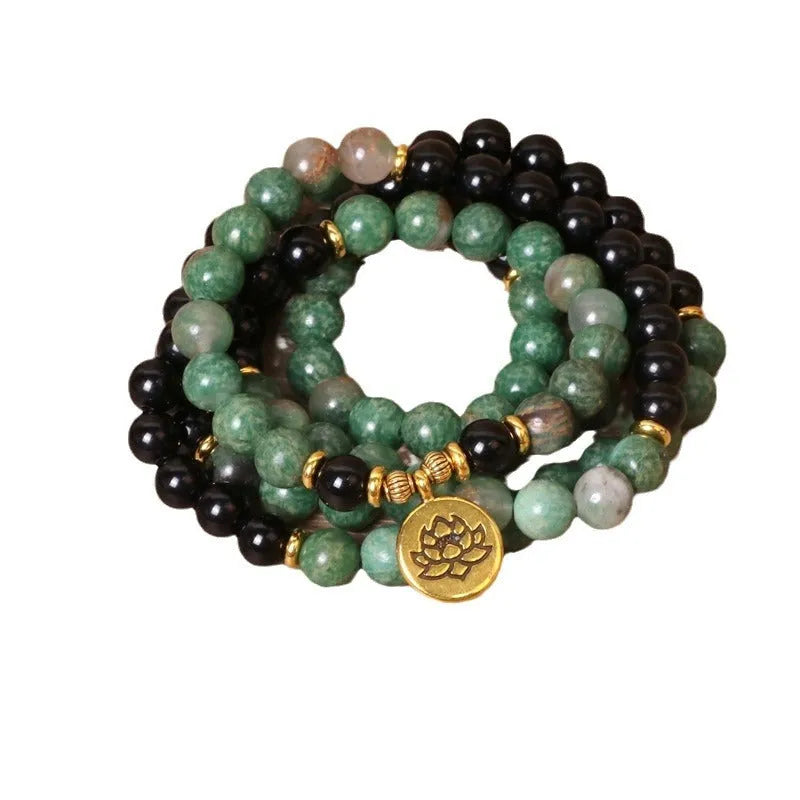 Green and black alloy elastic bracelet with beaded natural style design