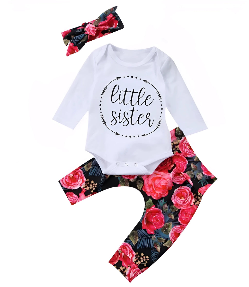 Girls' cotton three-piece autumn set with long-sleeved suit, floral letter print and colour hair band, sizes 70cm to 100cm