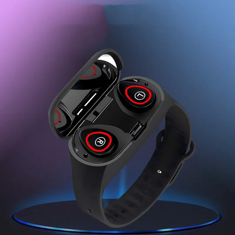Smart bracelet and earphone combo in blue, black, or red with a 1-inch colour screen and silicone wristband.