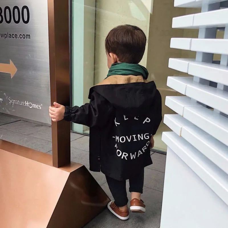 Boys reversible cotton blend spring coat in photo colour with hood and stand collar