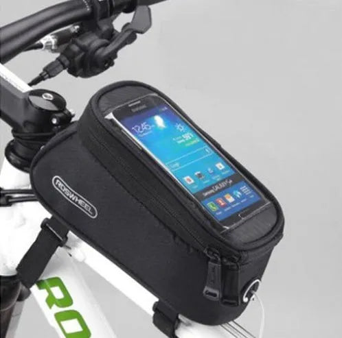ROSWHEEL black PVC bicycle frame bag mounted on bike, holding a mobile phone.