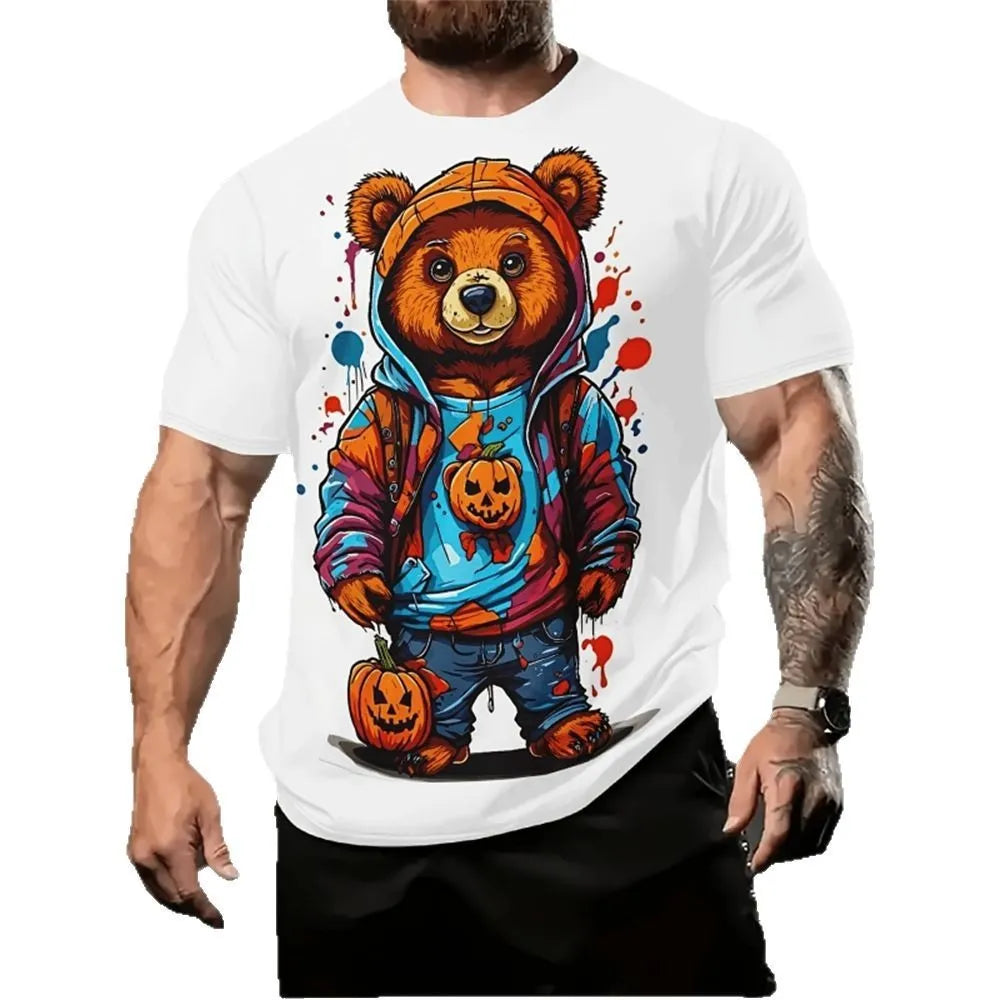 Men's loose fit t-shirt with 3D cartoon print on linen milk silk fabric