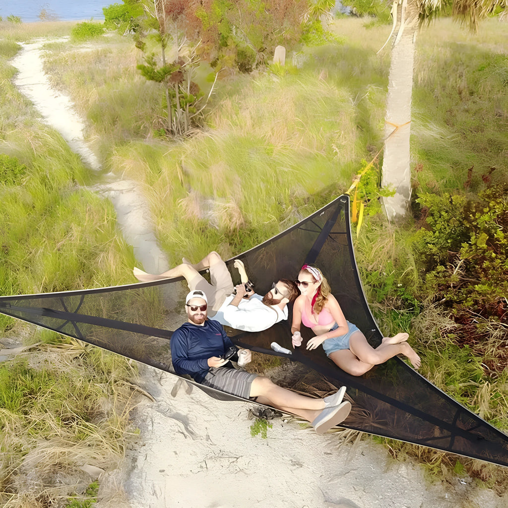 Portable multi-person triangle hammock in black or green polyester, 2m or 2.8m length, shown without a stand.