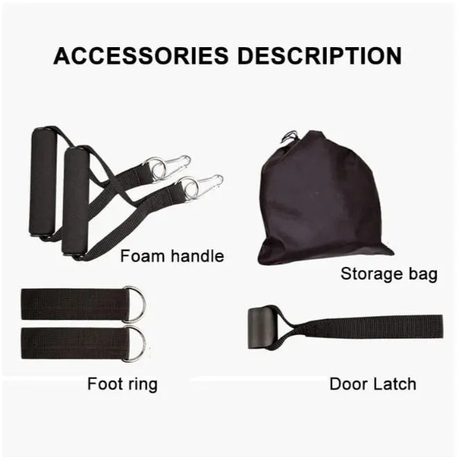 Rally resistance band set with latex ropes handles foot rings and door buckle on black storage bag