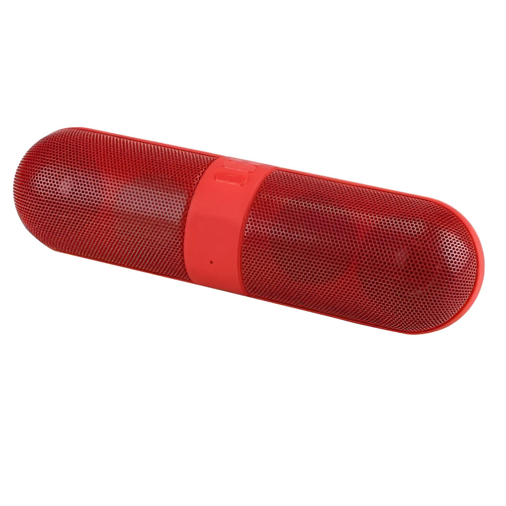 Portable blue pill-shaped Bluetooth speaker with dustproof plastic shell and button controls