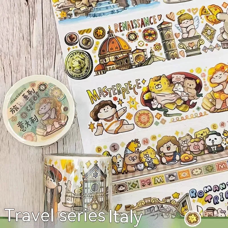 Sheet of cute cartoon character adhesive stickers printed on Japanese paper for medical packaging.