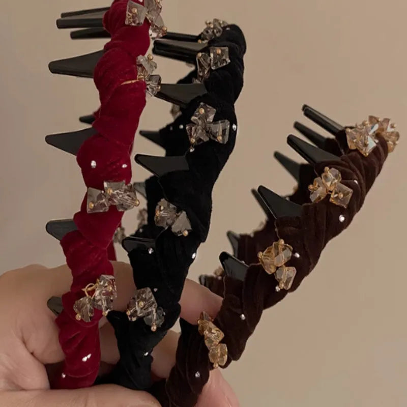 French velvet hairband with crystal wave pressing in wine red, non-slip high head design