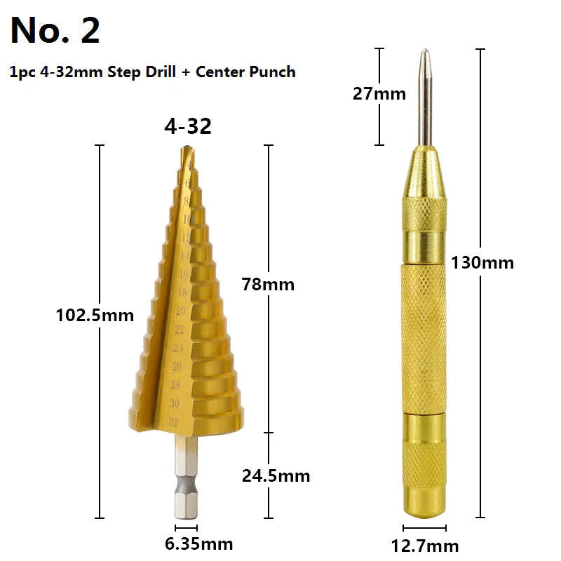 High speed steel cone step drill bits and a centre punch tool set for metal drilling.