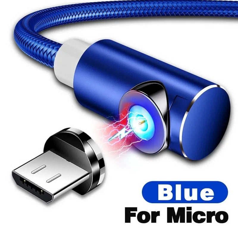 Black magnetic charging cable with aluminium connectors for Micro USB, Type C, and Apple devices.