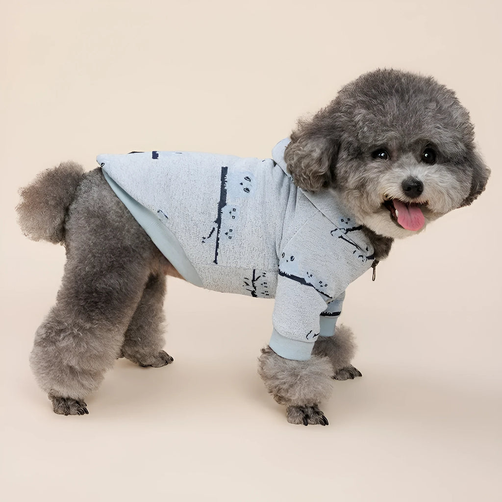 Casual blue pattern dog sweater coat with front zipper on medium-sized dog