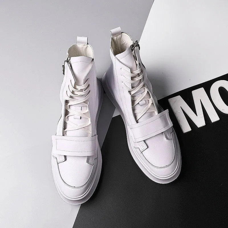 Men's black PU leather high-top ankle boot on a white background