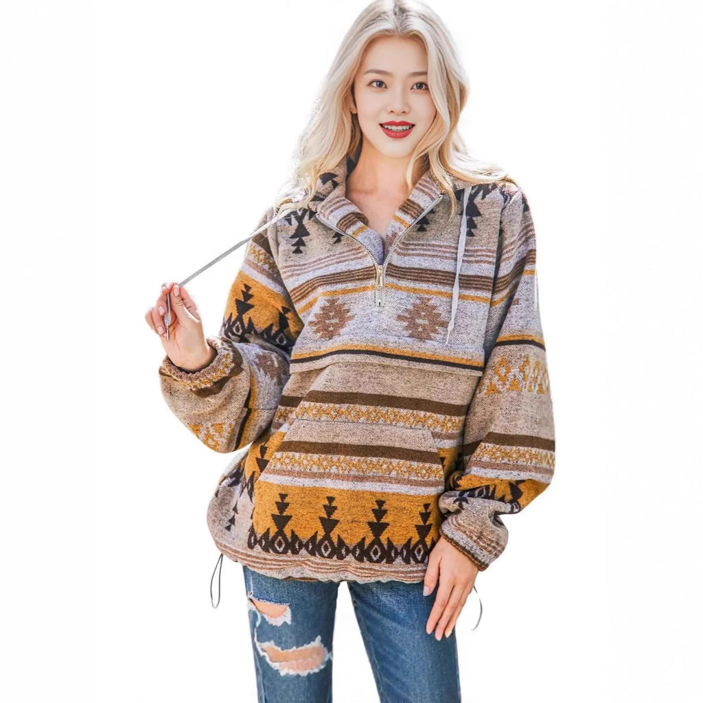 Women's retro fashion half-zip long sleeve sweatshirt with 3D digital print, loose fit pullover in polyester, front view