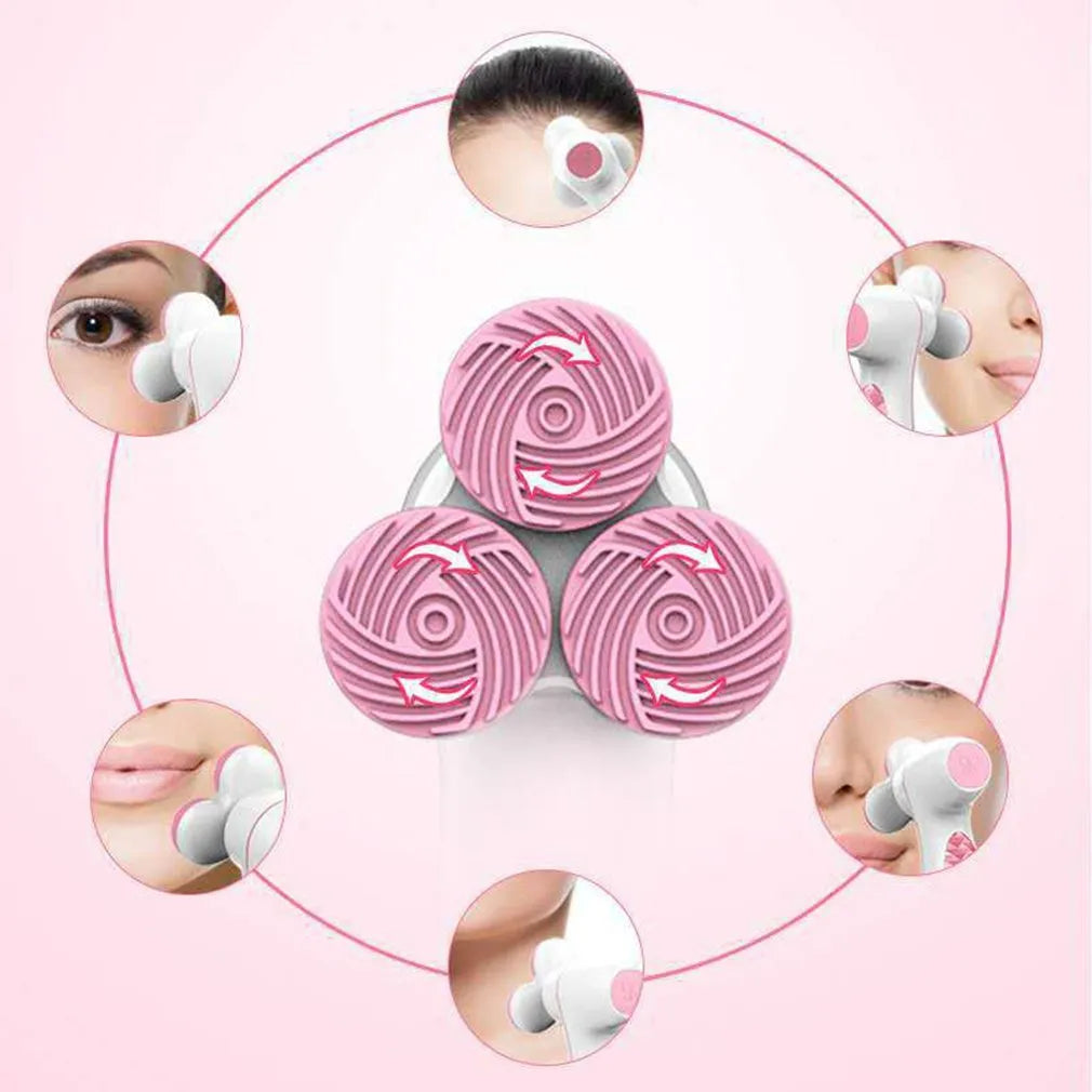 Three round 3D silicone facial cleansing instrument with double cleaning action, V-shaped muscle fit design, blue or pink