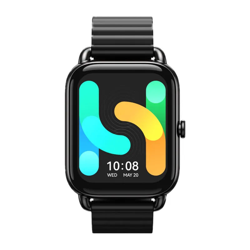 HAYLOU RS4 Plus black smartwatch with AMOLED display on a wrist, showing fitness stats.