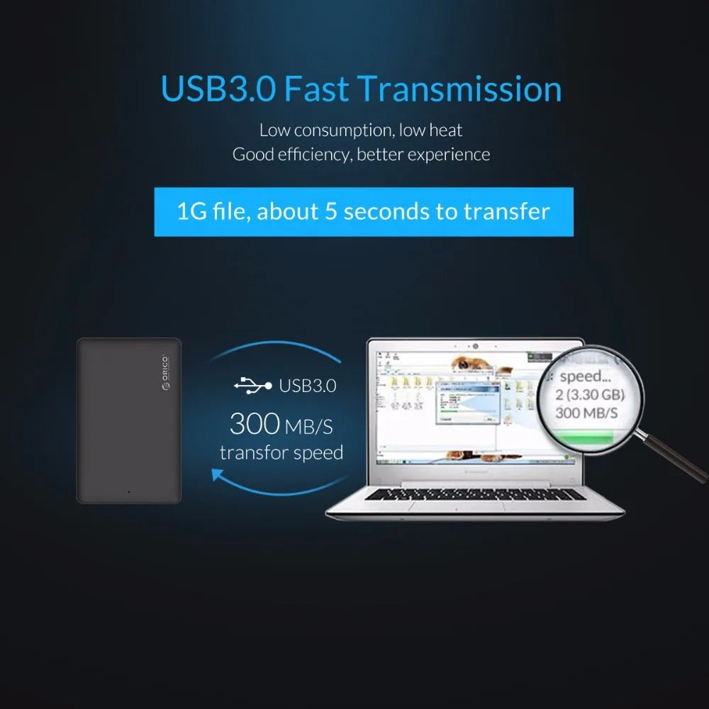 ORICO 2577U3 black ABS 2.5 inch SATA hard drive enclosure with USB 3.0 Micro B and SATA 3.0, 126.5 x 80 x 15mm