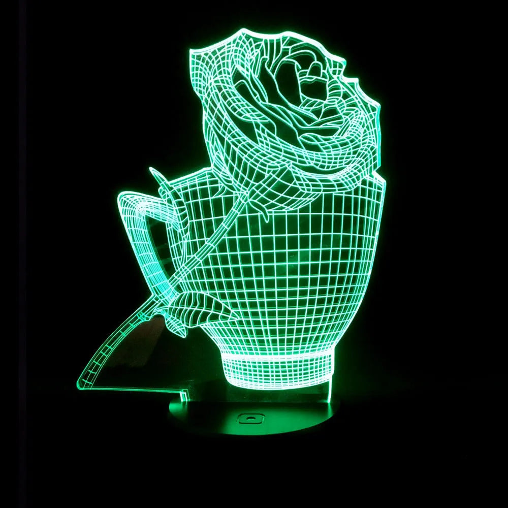 3D rose design LED night light with acrylic panel and ABS base showing multiple colour options.