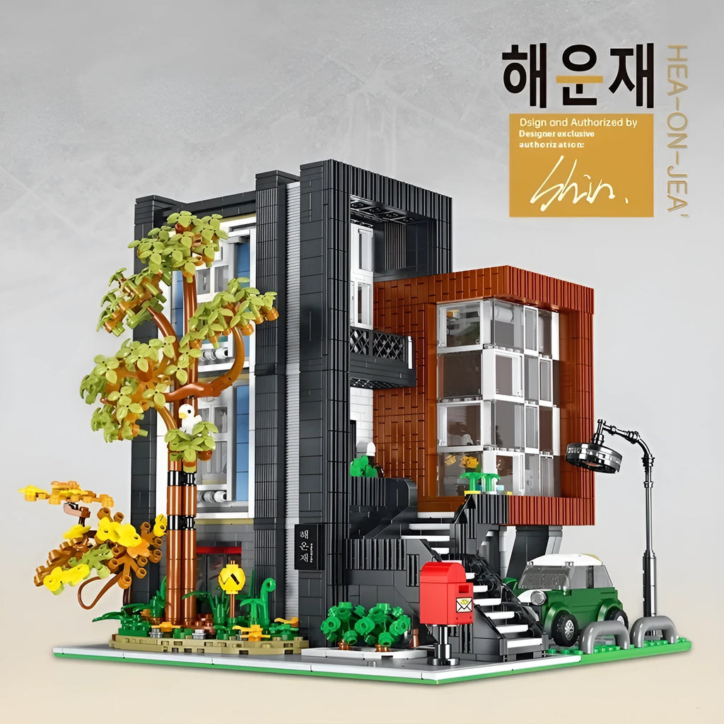 Plastic building blocks set for assembling a modern villa model with small particle pieces