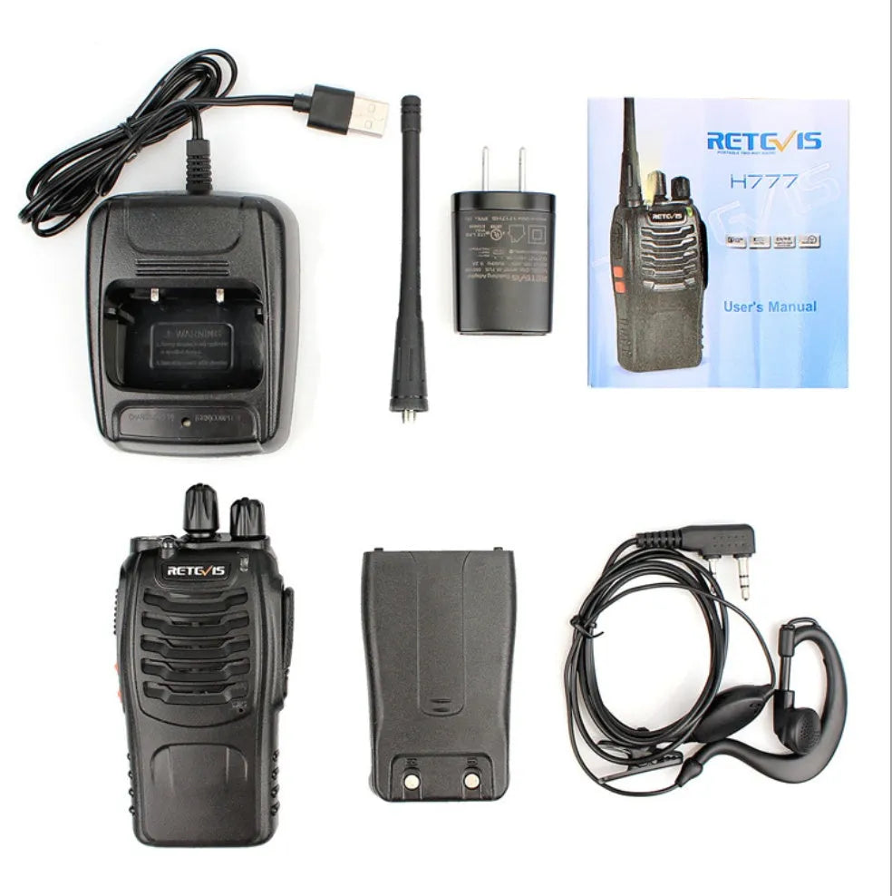 H777 black civil walkie talkie with Li-ion battery and antenna on plain background
