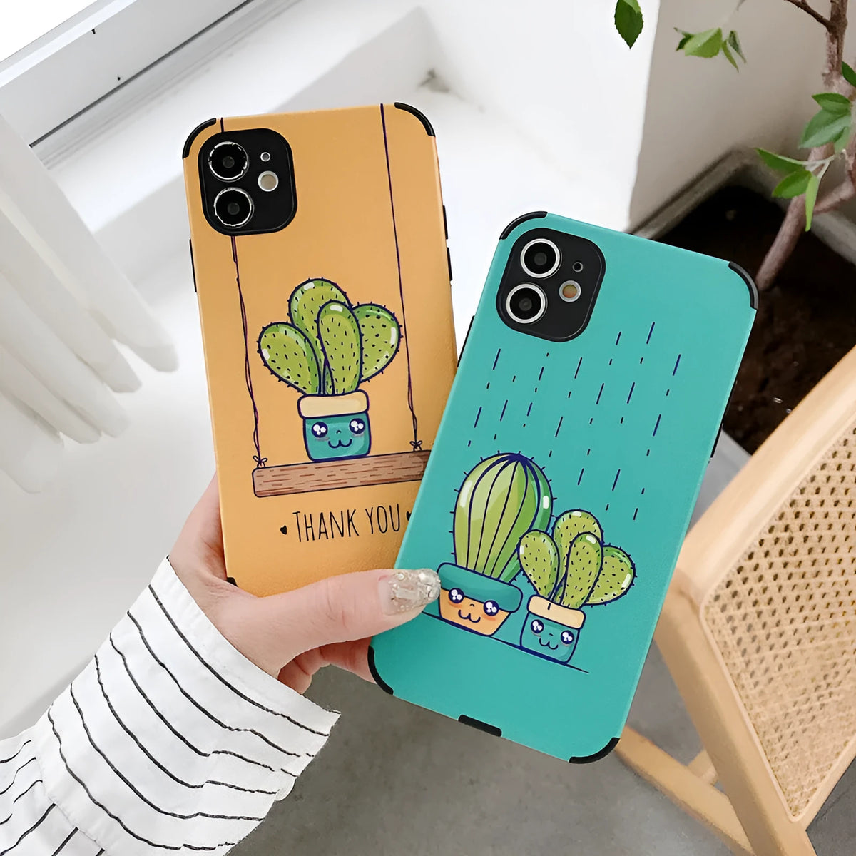 Cactus embossed iPhone case in TPU and leather, back cover in blue or khaki for iPhone 6 to 11 Pro Max.
