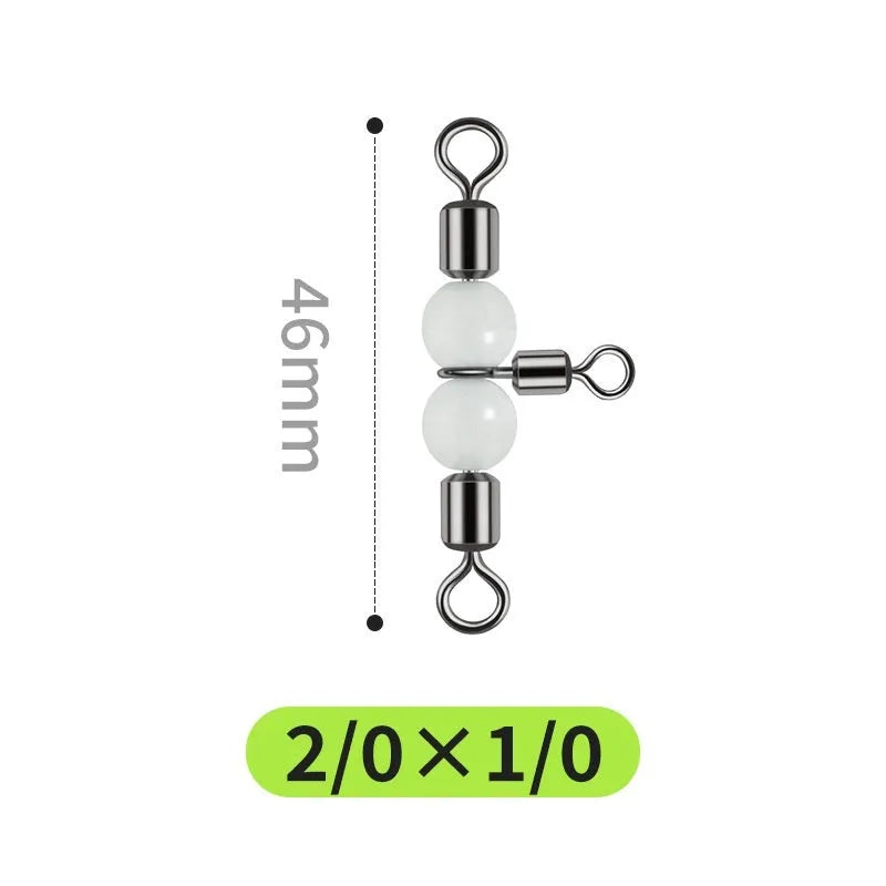 Copper three-fork fishing lure swivel beads with luminous material and eight rotating rings.
