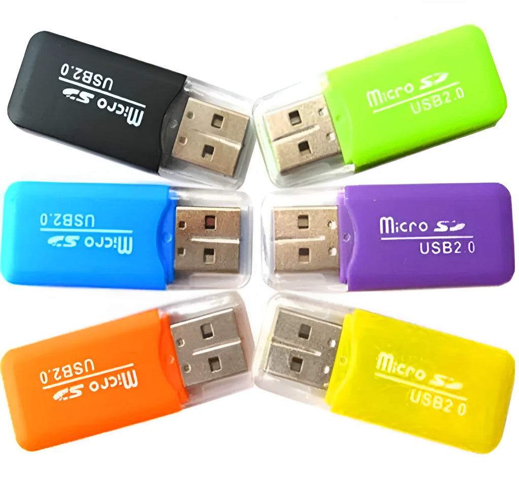 Small white USB card reader for micro SD and SD memory cards on a grey background