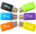 Small white USB card reader for micro SD and SD memory cards on a grey background