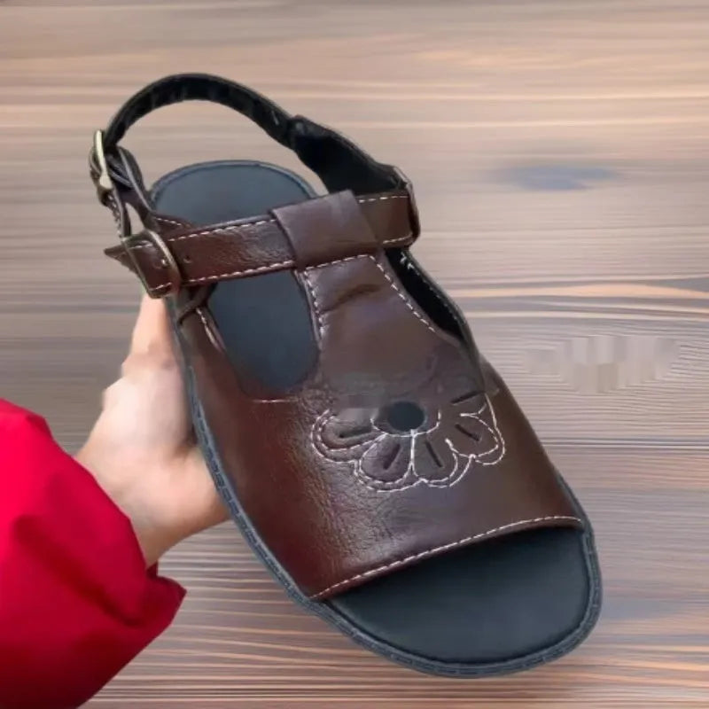 Men's black embroidered beach sandals with flower pattern and flat heel