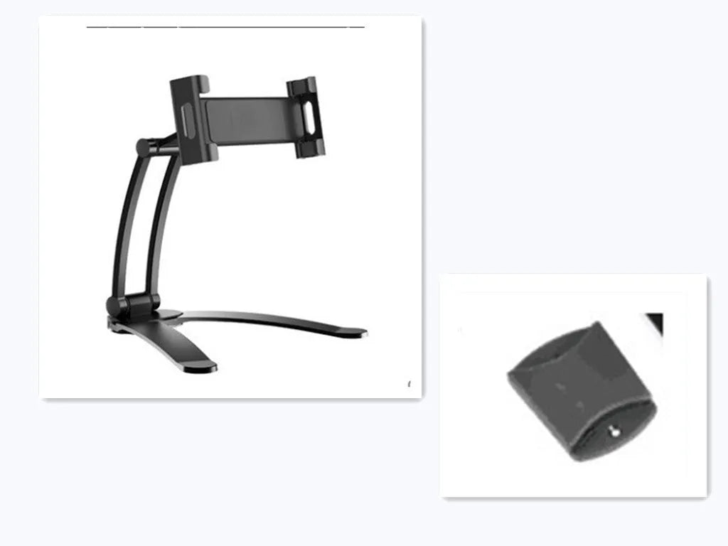 Silver aluminum alloy desktop stand holding a tablet at an angle, showing its adjustable clip and 360-degree rotation base.
