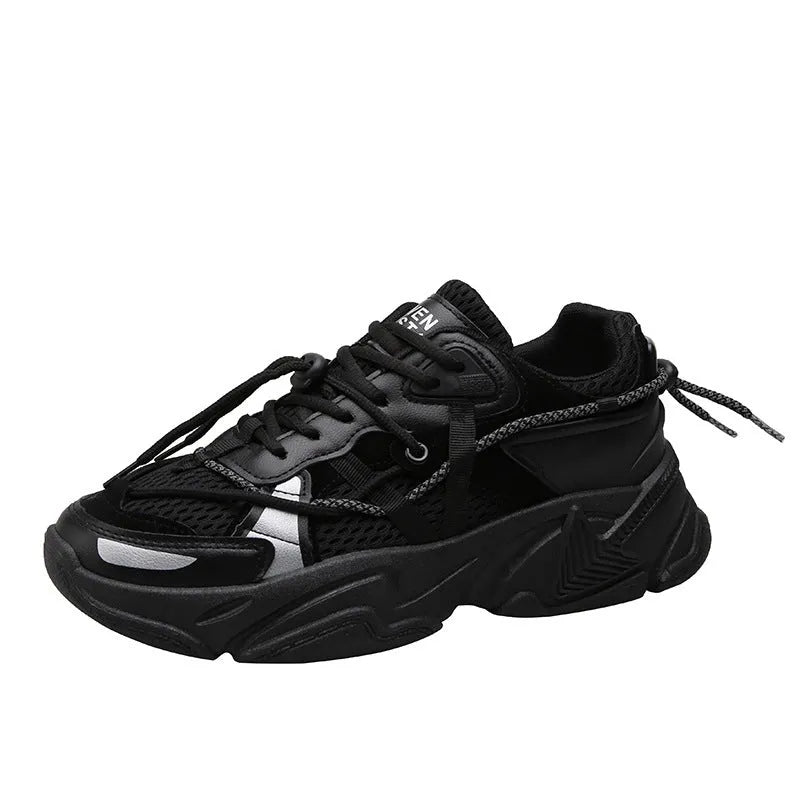 Men's white platform dad shoes in Korean style with front lace-up and mesh lining.