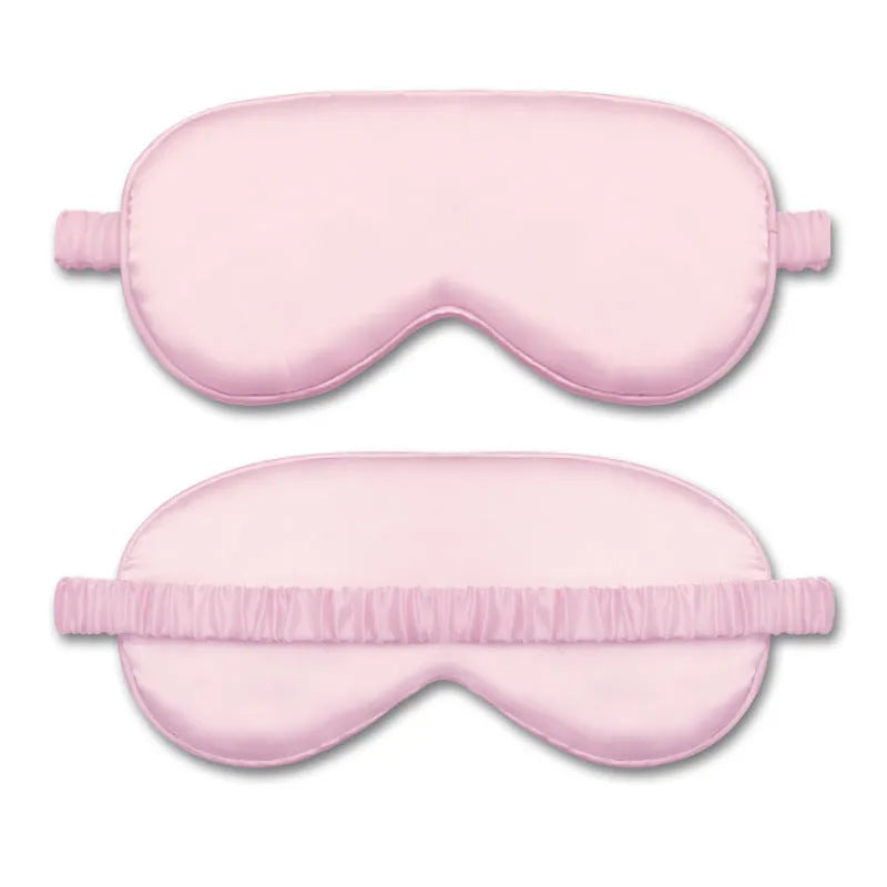 Double-sided rayon elastic satin sleep mask shown in multiple colour options including black, sky blue, and wine red.