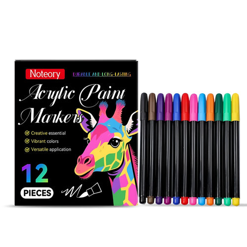 Set of 12 acrylic paint markers with opaque ink for use on paper, wood, glass, and fabric.