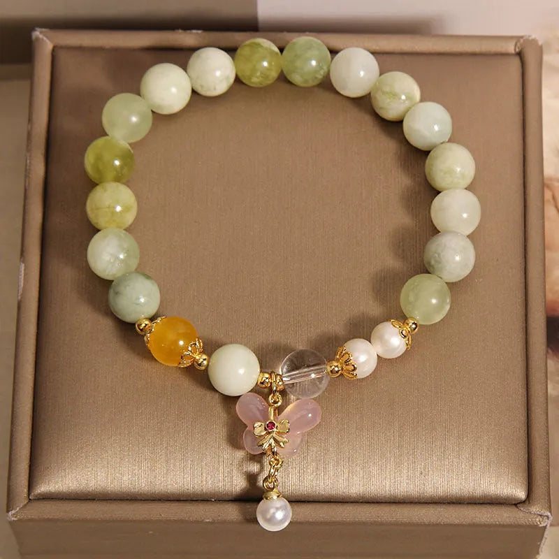 Green women's mori style bracelet with crystal pearl and rhinestone accents