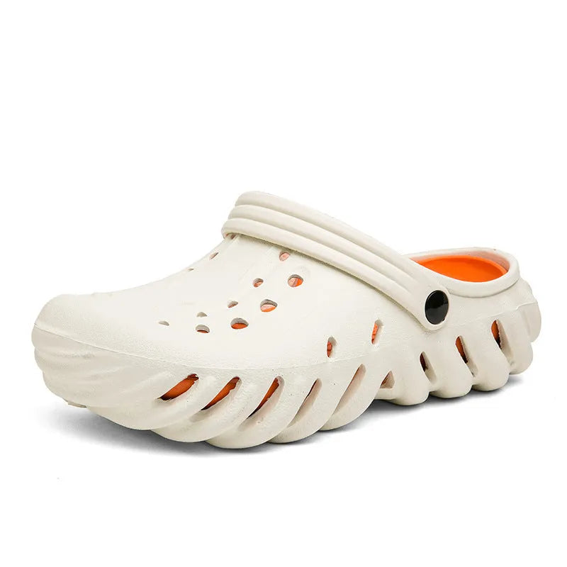 Men's beige EVA outdoor sandals with hollow-out design and non-slip sole.