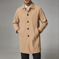 Men's loose fit mid-length trench coat in rabbit fur, shown in khaki colour.