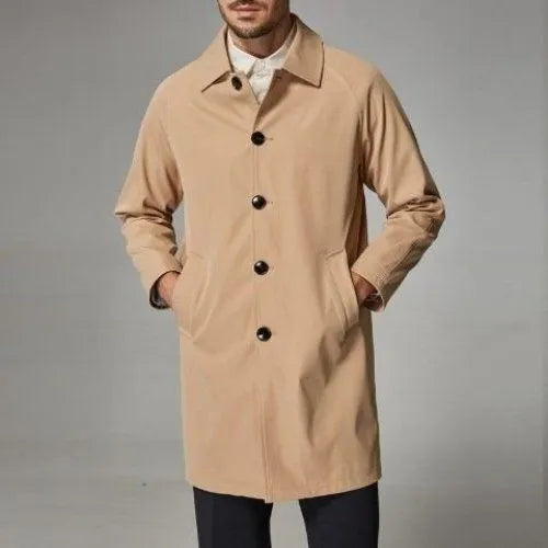 Men's loose fit mid-length trench coat in rabbit fur, shown in khaki colour.