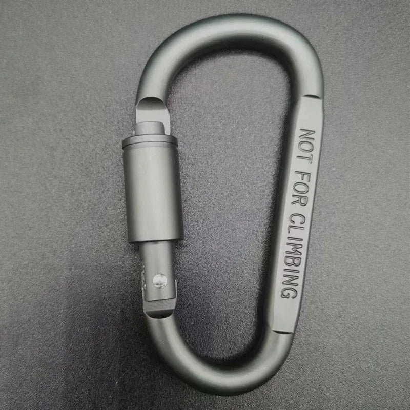 Aluminium D-type carabiner with lock in multiple colour options showing 8cm flat design