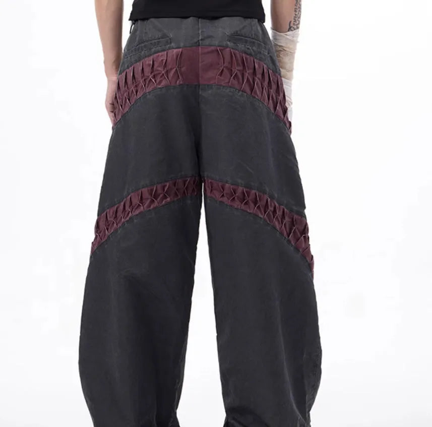 Retro three-dimensional keel casual sports pants in grey rayon viscose fabric, showing tight fit and straight hem.