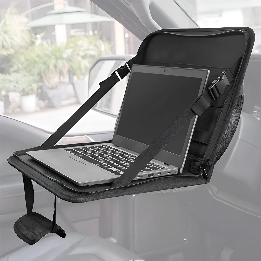 Black Oxford cloth car computer bag with sewing thread details, open showing multifunctional storage and drawing board