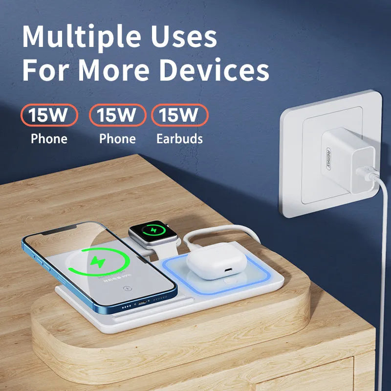 Three-in-one wireless charger folding stand in space black with phone, watch, and headset charging areas visible