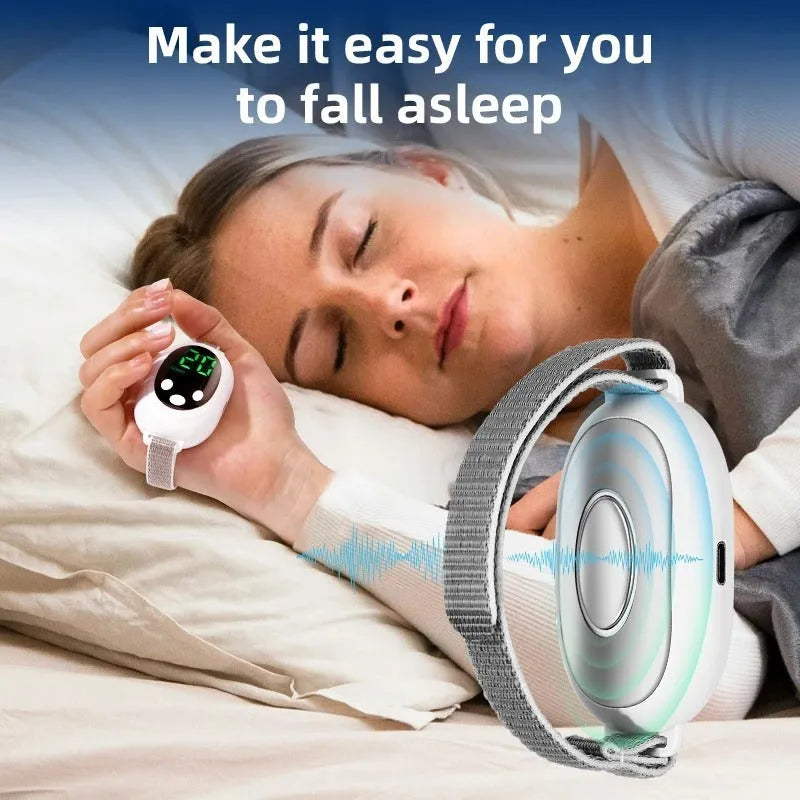 White USB rechargeable sleep aid device with handheld remote control and adjustable intensity settings