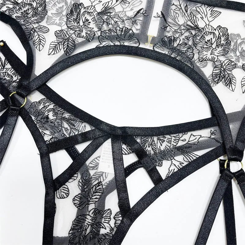 Black lace mesh floral print women's three-piece set with top, pants, and waist ring.