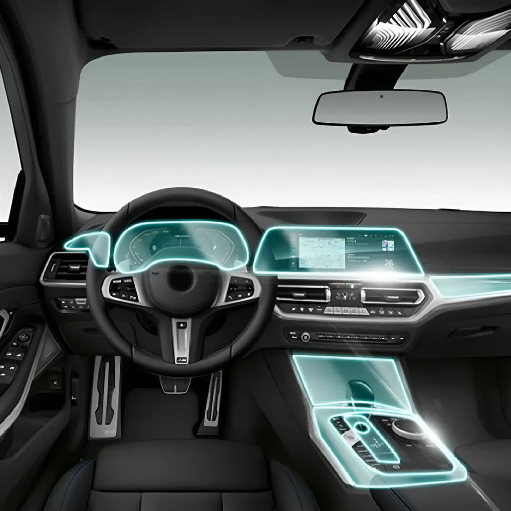 Transparent TPU protective film kit for BMW 3 Series dashboard and centre console.