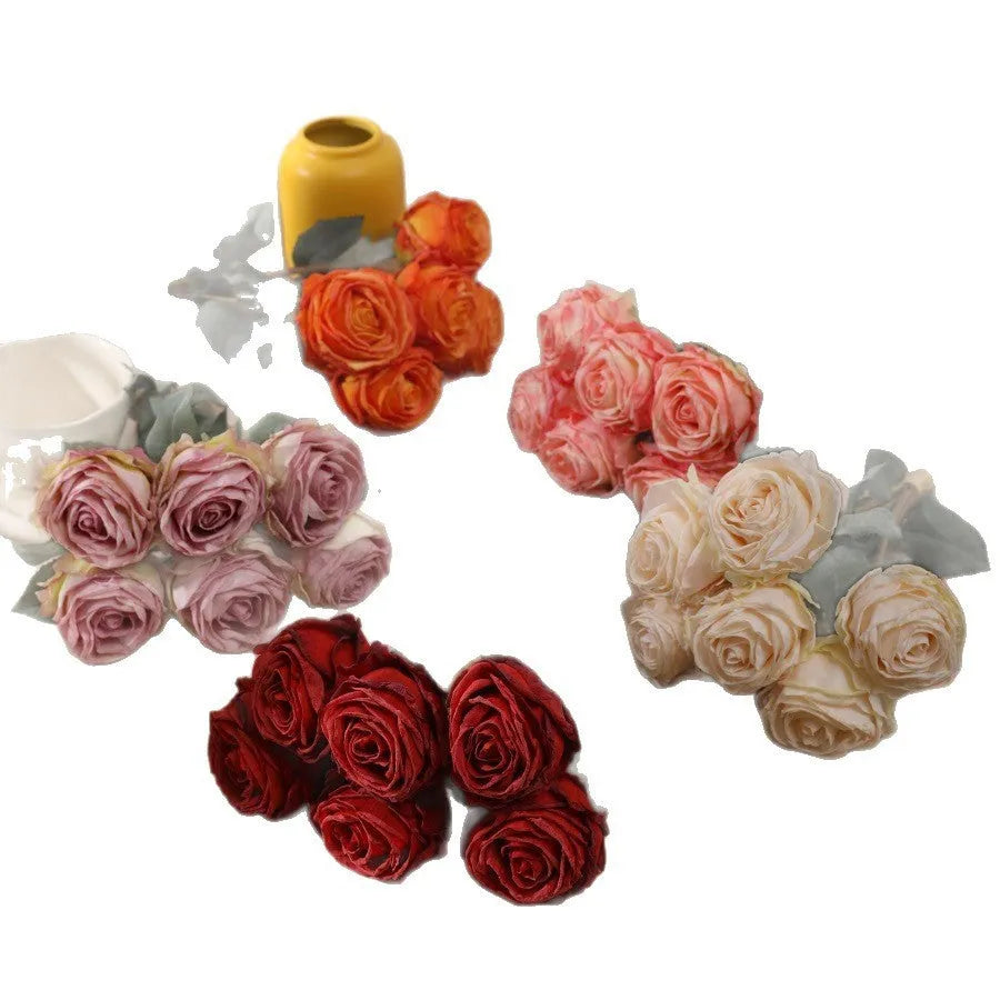 Single burnt edge simulated silk rose artificial flower with 38cm stem on neutral background